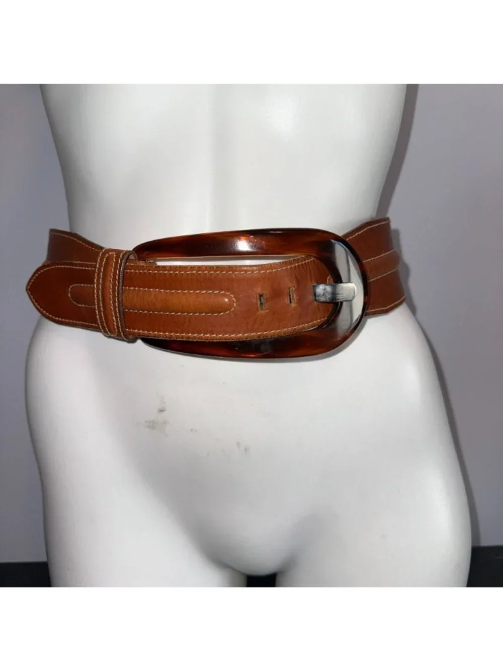 Vintage 90s Minimalist Classic Wide Brown Leather Tortoiseshell Buckle Belt Sz L